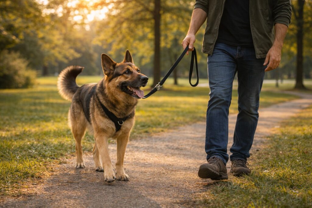 Calm dog enjoying relaxed leash walk after successful training