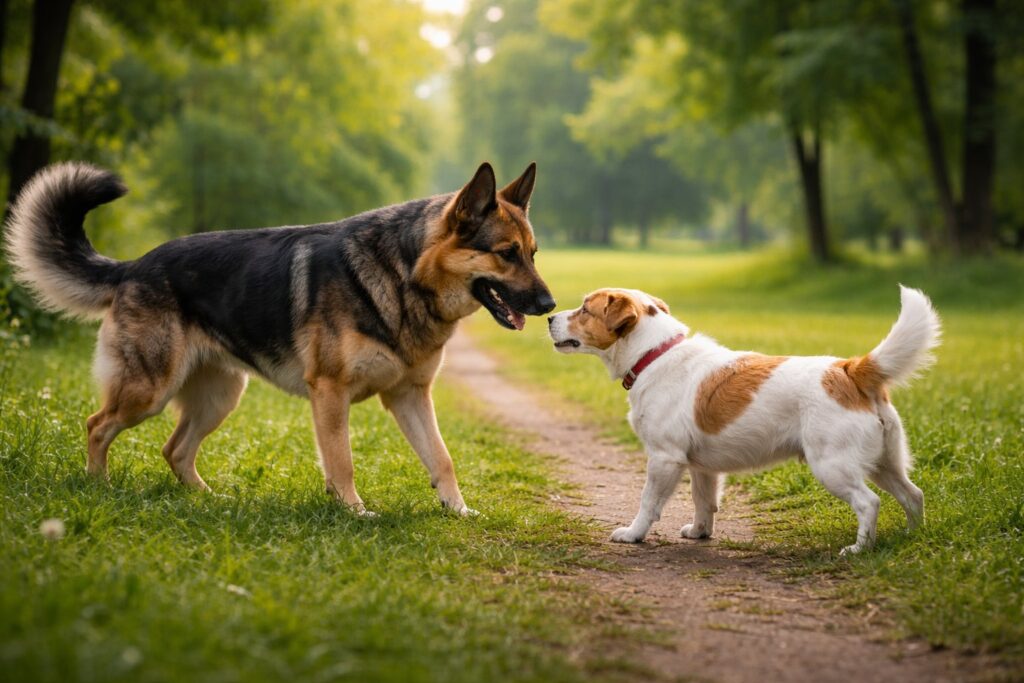 Calm dog interaction off leash showing natural behavior