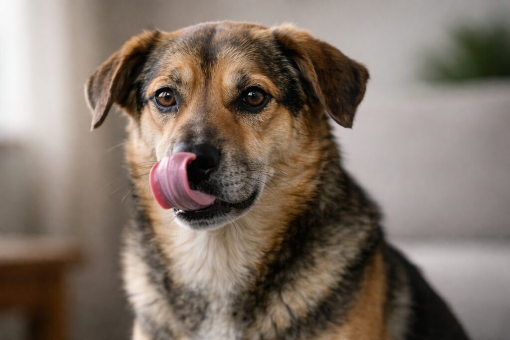 Dog displaying subtle early signs of anxiety such as lip licking and ear positioning