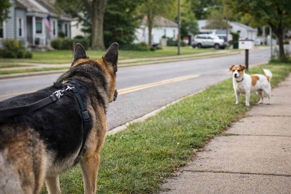 Dog focusing on trigger while on leash during walk