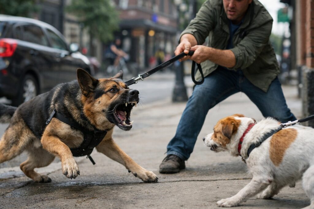 Dog reacting aggressively on leash during a walk in a busy street