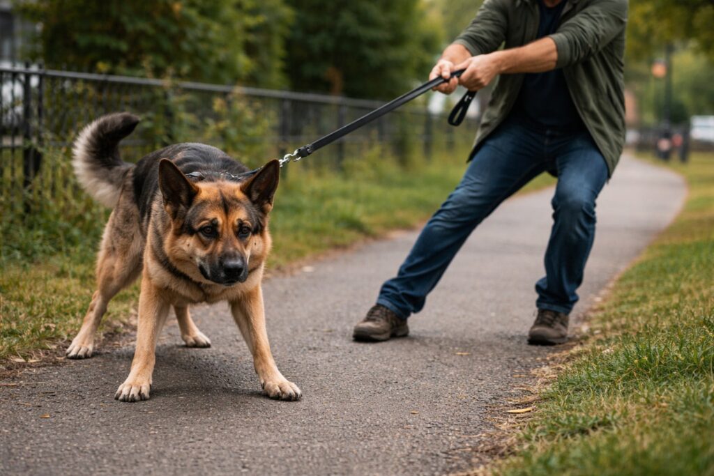Dog showing stress due to leash tension and harsh correction
