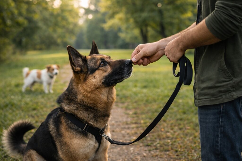 Dog staying calm and focused during leash training session