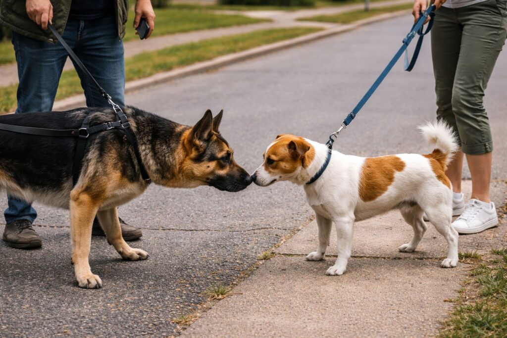 Dogs meeting head on with tight leashes causing stress and tension