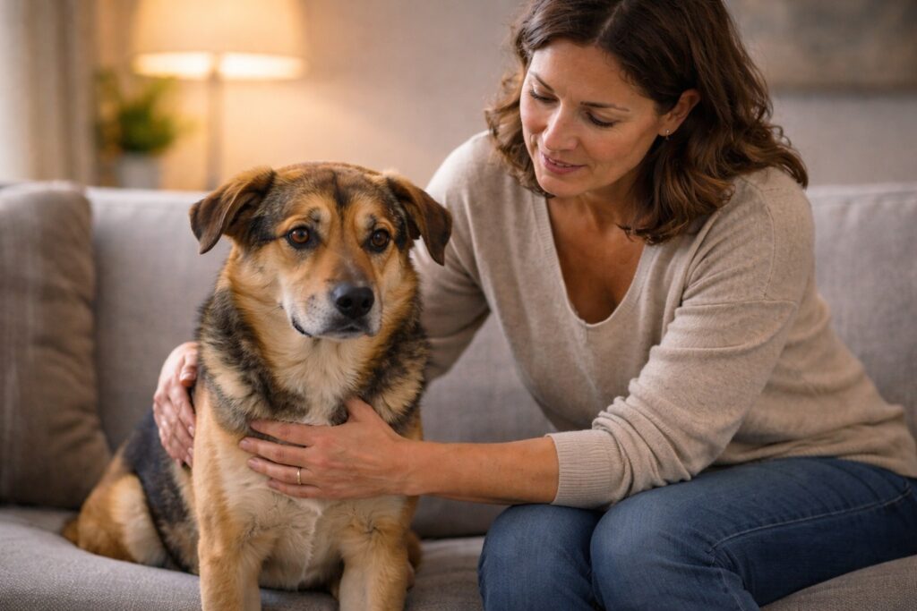Owner calmly supporting a dog experiencing mild anxiety
