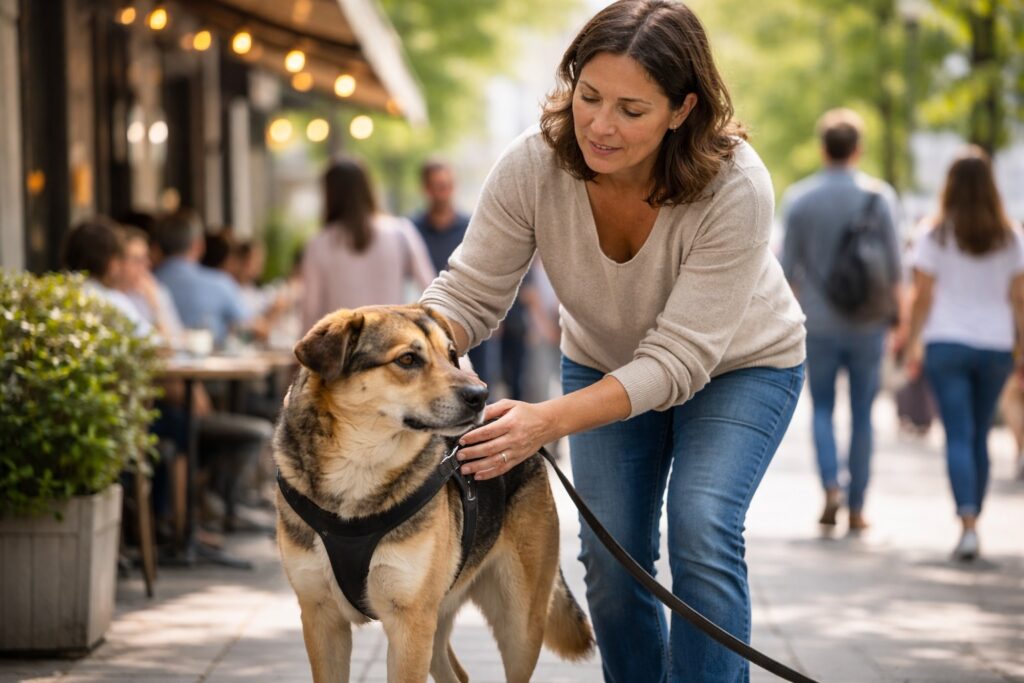 Owner increasing distance from a trigger to reduce anxiety in a dog