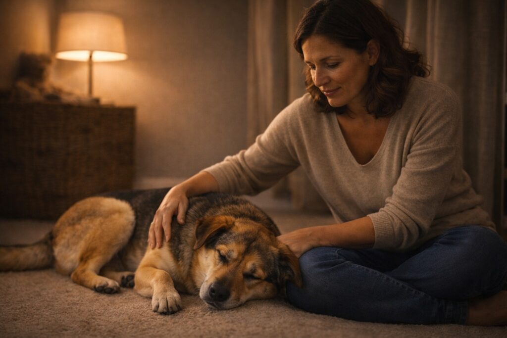Relaxed dog resting calmly after early anxiety symptoms were properly managed