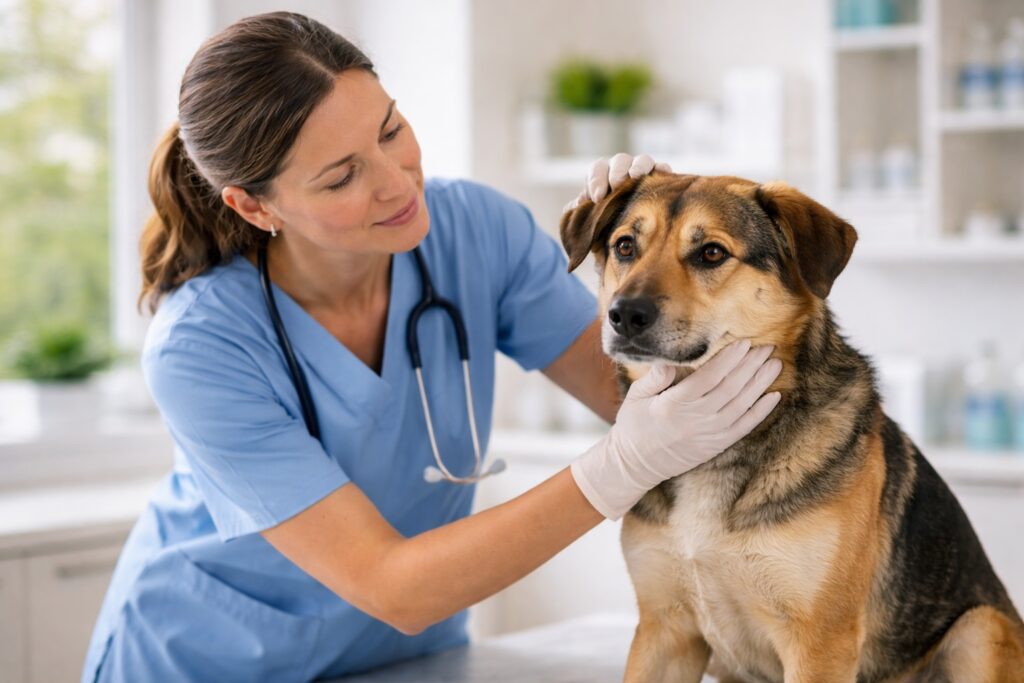 Veterinarian checking a dog for medical causes of anxiety symptoms