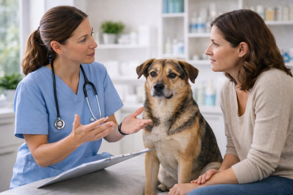 Veterinarian explaining medication options for managing severe dog anxiety