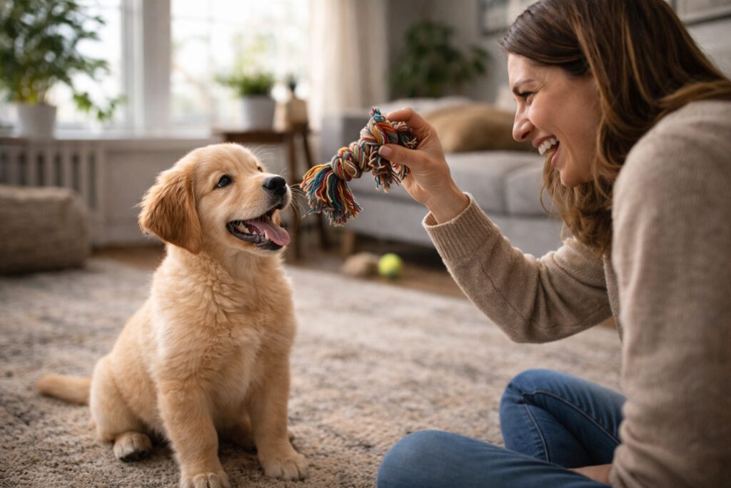 puppy engaged and listening to owner during fun training session at home
