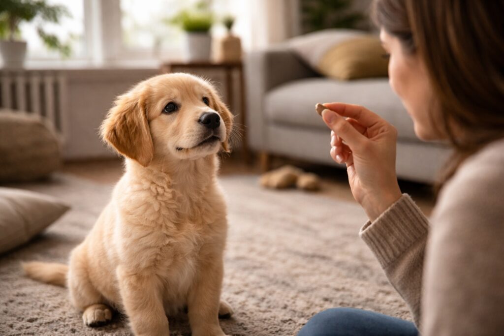 puppy focused on owner using high value treats during training at home