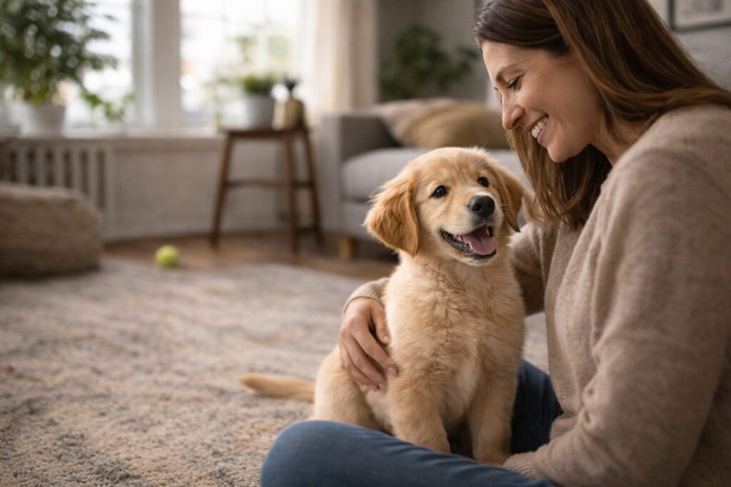 well trained puppy listening calmly at home after training routine